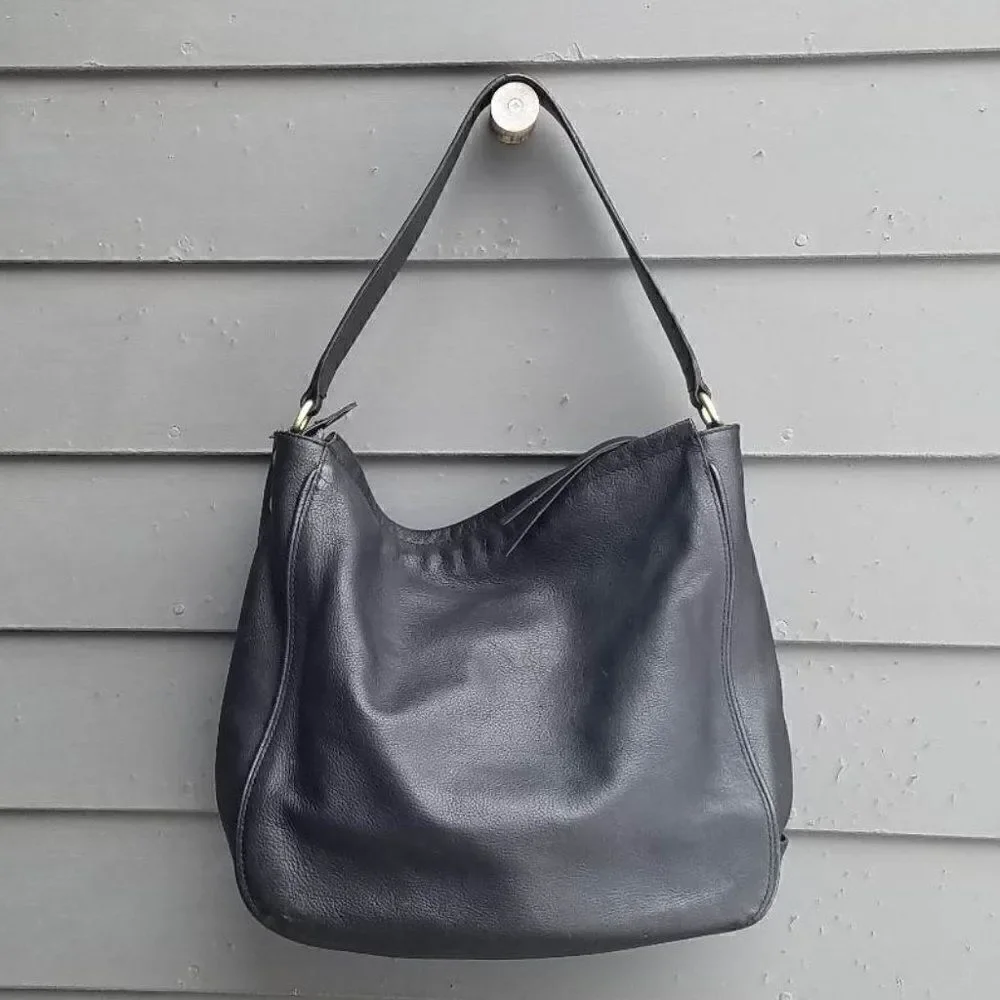 Cole Haan Black Pebbled Leather Hobo Bag with Outside Zip Pocket